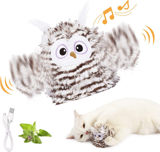 Interactive plush bird cat toy with brown and white fur, flapping wings, and a small tabby kitten observing. - Image 11