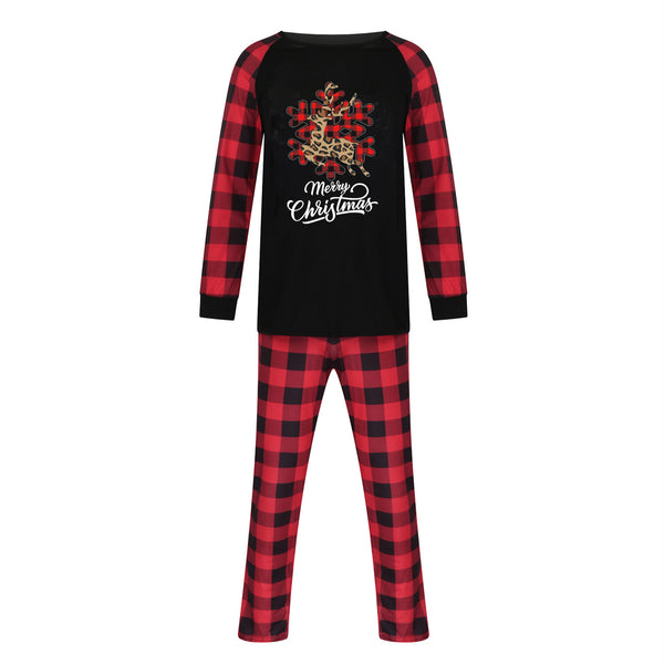 Black and red buffalo plaid Christmas pajama set with a leopard print reindeer snowflake graphic and "Merry Christmas" text. - Image 9