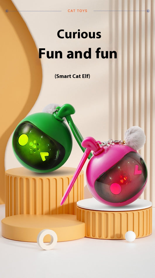 Rose red and black spherical cat toy with a grey pom-pom and suction cup base for self-play. - Image 8