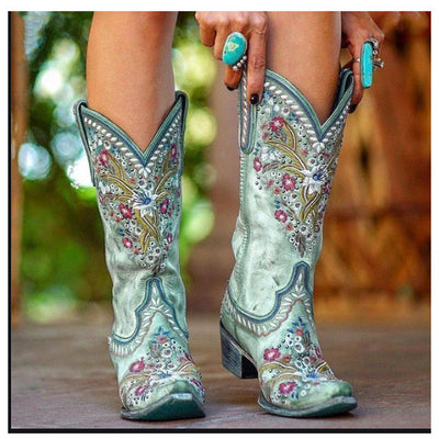 Botas Étnicas Bordadas de Caña Media con Tacón