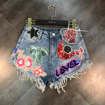Shorts de Mezclilla con Parches de Lentejuelas Luna y Estrella - Image 9