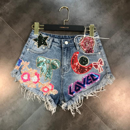 Shorts de Mezclilla con Parches de Lentejuelas Luna y Estrella - Image 9
