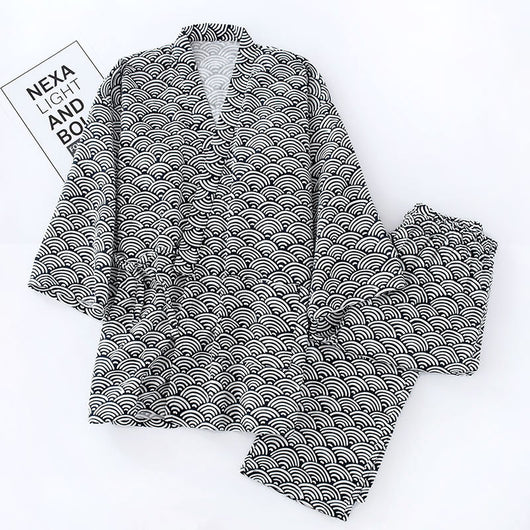 Pijama Doble Capa de Algodón a Rayas con Cordones Estilo Japonés - Image 12