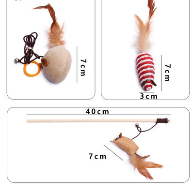 7-piece cat toy gift set with mouse, feather wands, and string-wrapped toys in a brown cardboard box. - Image 12