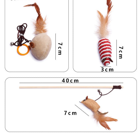 7-piece cat toy gift set with mouse, feather wands, and string-wrapped toys in a brown cardboard box. - Image 12