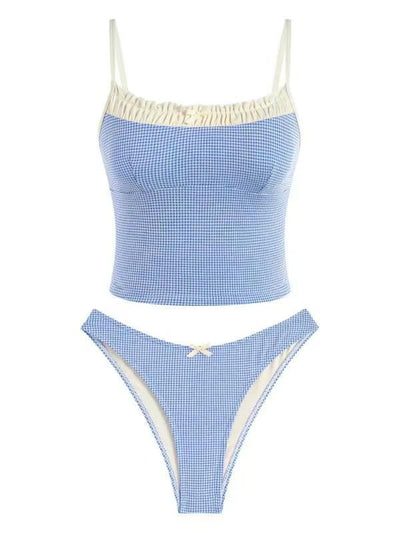 Gingham two-piece swimsuit with a camisole top featuring ruffled trim and a bow, paired with high-cut bikini bottoms. - Image 7