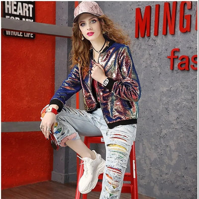 Chaqueta de Cuello Alto con Lentejuelas y Cierre - Manga Larga Tendencia - Image 5