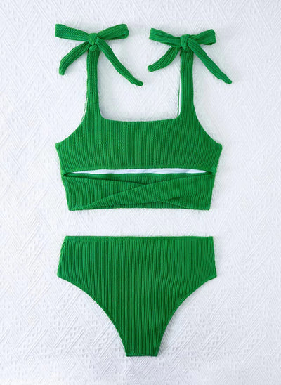 Green textured knit two-piece swimsuit with a square-neck crop top and high-waisted bottoms, featuring tie-shoulder straps. - Image 15