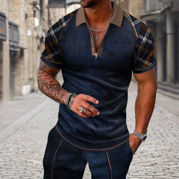 Conjunto de Camiseta Geométrica 3D con Cierre y Solapa para Hombre - Verano