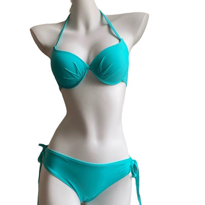 Vibrant blue push-up halter bikini swimsuit with tie-side bottoms, perfect for beach vacations. - Image 6