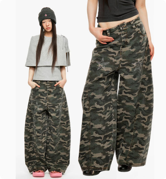 Jeans Camouflage Retro Americano para Mujer con Diamantes Termofijados - Image 11