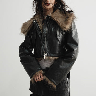 Chaqueta Corta de Cuero Reversible con Pelaje Salvaje