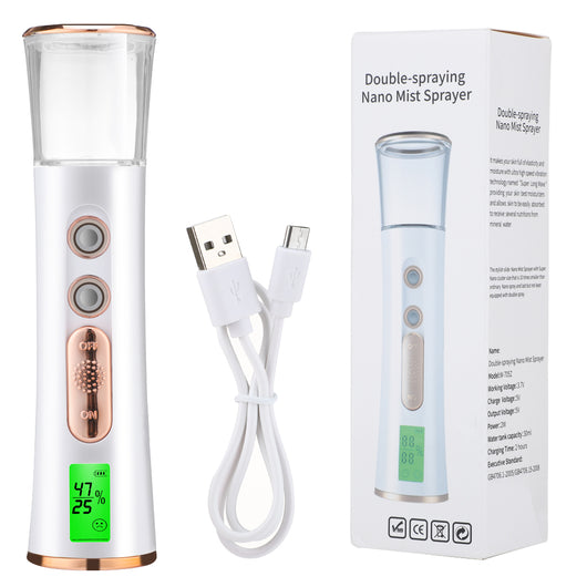 White and rose gold double-spraying nano mist sprayer with a clear reservoir, next to its product box and USB cable. - Image 7