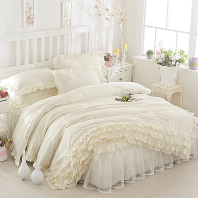 Juego de Cama Princesa con Encaje - Cubrecama Estilo Falda de Cama Cuatro Piezas Color Sólido - Image 11