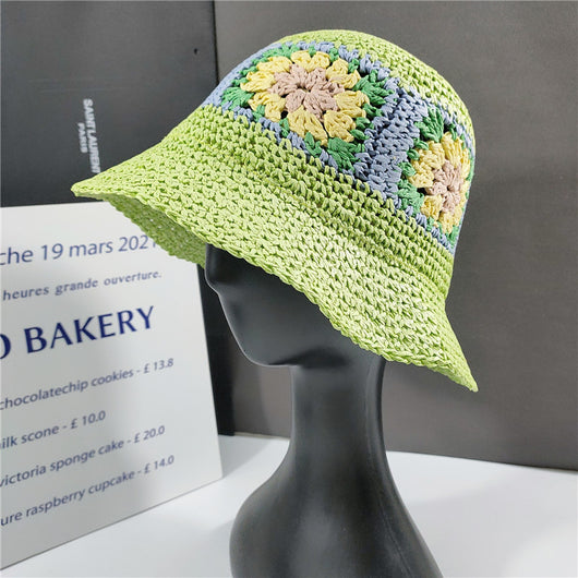 Sombrero Cubo de Paja Floral Elegante Plegable