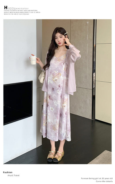 Conjunto Dos Piezas: Vestido Slip Estampado Morado con Cardigan Suave - Image 12