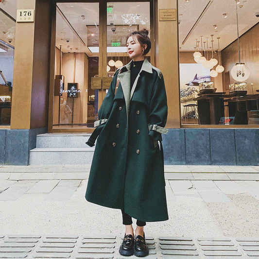 Abrigo de Lana Verde Oscuro con Costura de Diseño para Mujer - Invierno