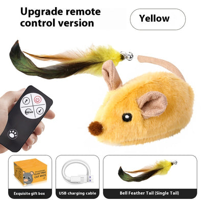 Gray plush electric mouse cat toy with black ears and eyes, featuring a yellow and green feather tail with a bell. Includes a USB charging cable and gift box. - Image 10