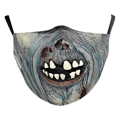 Green and yellow digital print Halloween dust mask with a grotesque, tree-like face design and black ear loops. - Image 4