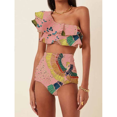 Bikini de Cintura Alta con Hombro Descubierto y Volantes Estampado - Image 8