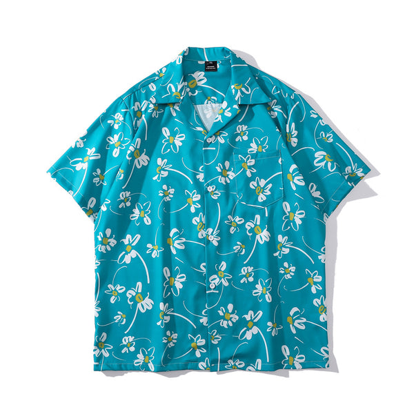 Camisa Estampada Cuello Cubano Vintage Casual de Manga Corta Unisex