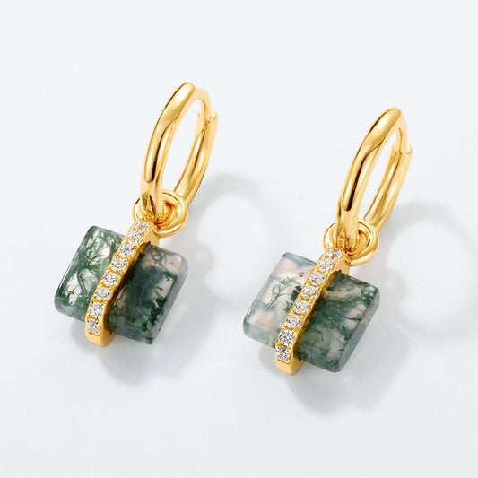 Aretes de Plata S925 con Ágata Musgo Natural - Diseño Cuadrado Minimalista - Image 2