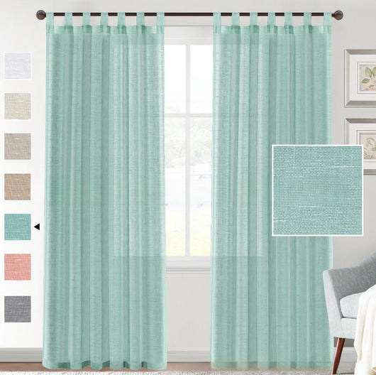 Light beige linen-look tab top curtains hanging on a dark rod, with a fabric swatch and color options. - Image 5