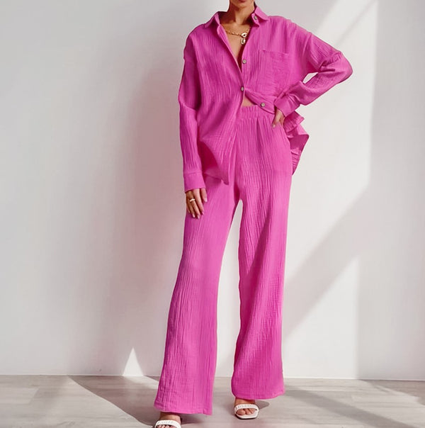 Conjunto Casual de Camisa Manga Larga Elástica y Pantalón Ancho - Image 6