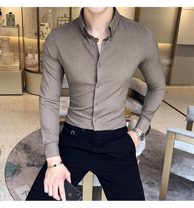 Camisa Manga Larga Estilo Gentleman Británico de Color Sólido - Image 26