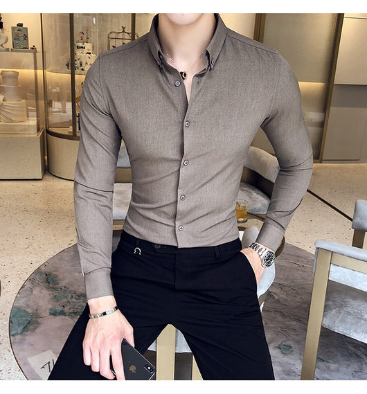 Camisa Manga Larga Estilo Gentleman Británico de Color Sólido - Image 26