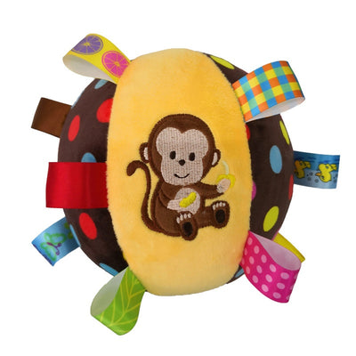 Orange and purple pet football toy with cartoon dinosaur-like characters and 'P' letters, featuring fabric loops and a strap. - Image 12