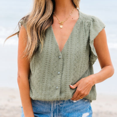 Blusa Verde Laurel con Mangas Volantes y Encaje Escote V