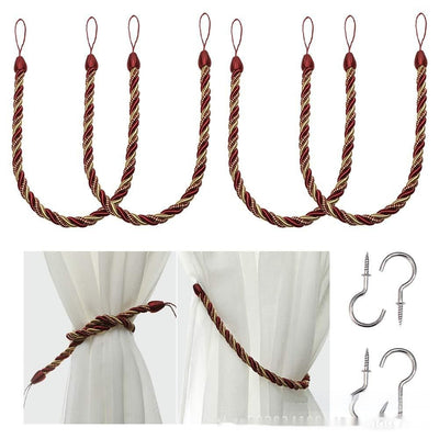 Four beige twisted rope curtain tie-backs with loops, shown with two silver screw-in hooks and on sheer white curtains. - Image 15