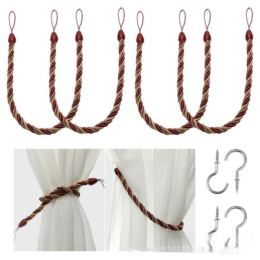 Four beige twisted rope curtain tie-backs with loops, shown with two silver screw-in hooks and on sheer white curtains. - Image 15