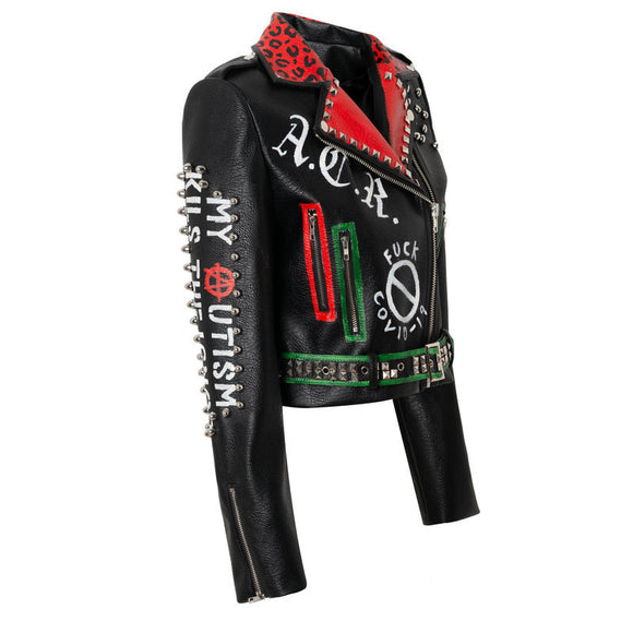 Jaqueta de Couro Motociclista Slim Fit com Tachas e Estilo Punk