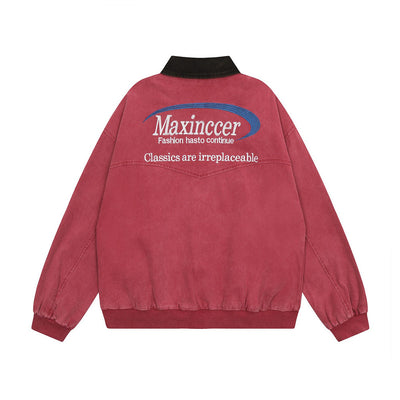 Chaqueta de Lona Retro con Cuello Solapa y Bordado de Alfabeto Americano - Image 5