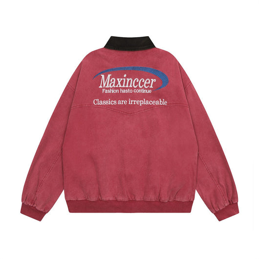 Chaqueta de Lona Retro con Cuello Solapa y Bordado de Alfabeto Americano - Image 5