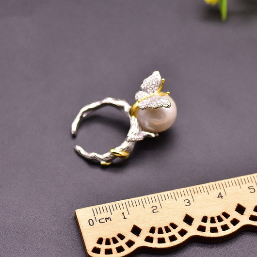 Anillo de Plata 925 con Perla de Agua Dulce Natural y Diseño Vintage Mariposa - Image 8