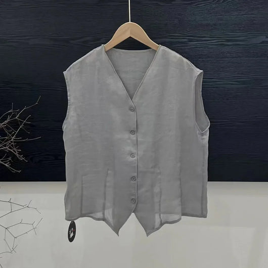 V-neck Sleeveless Solid Color Loose Cardigan Simple Single-breasted Top