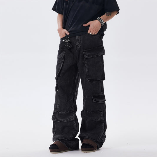 Overol Jeans Ancho Desgastado con Múltiples Bolsillos