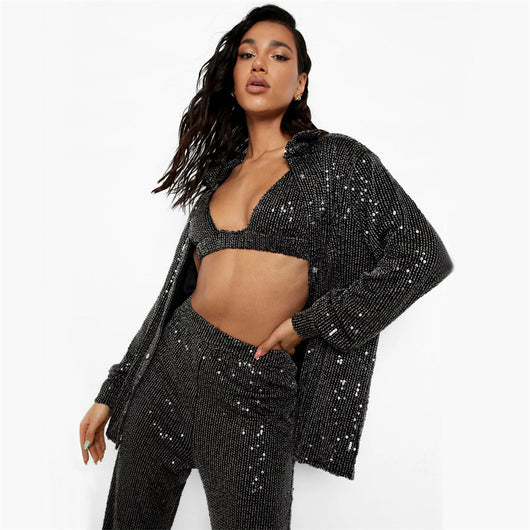 Conjunto de 3 Piezas: Chaleco Lentejuelas Escote V, Blusa Manga Larga y Pantalón Recto - Image 9