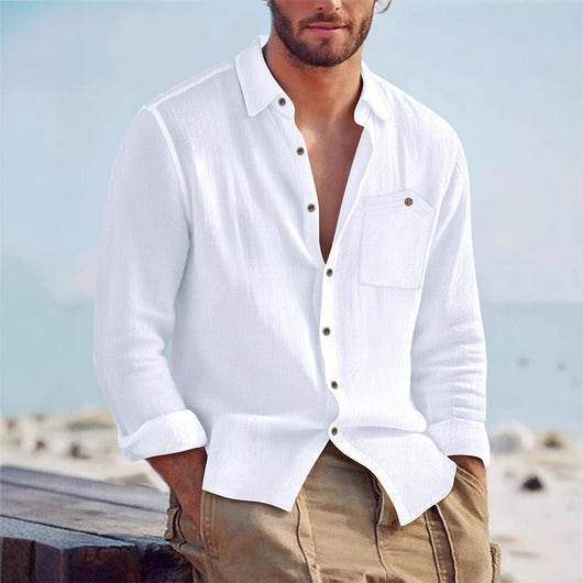 Camisa Cardigan Lino Hombre Fit Relajado Color Sólido - Image 6