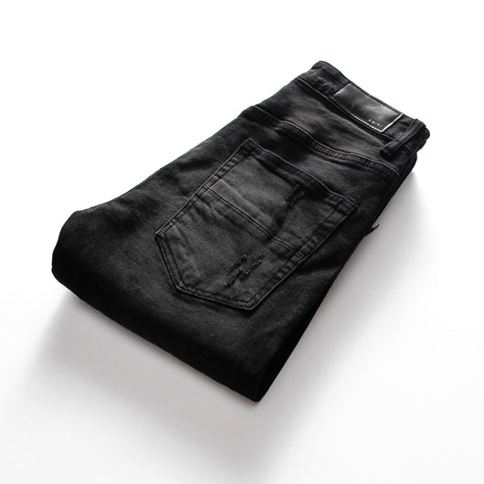 Jeans Slim Fit Negro con Parches Estilo Hong Kong para Hombre - Image 10