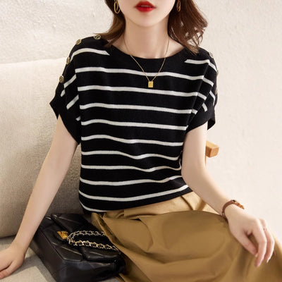 Blusa Rayada Ice Silk Manga Corta Ajustada y Cubriente - Image 3