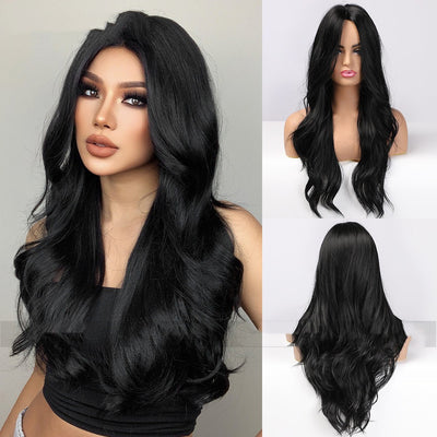 Peluca Ondulada Larga Negro Medio Raya - Ondas Voluminosas - Image 3