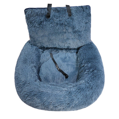 Dark gray plush pet bed with a high back and safety leash, designed for indoor use or as a car seat pad. - Image 18