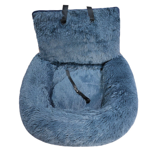 Dark gray plush pet bed with a high back and safety leash, designed for indoor use or as a car seat pad. - Image 18