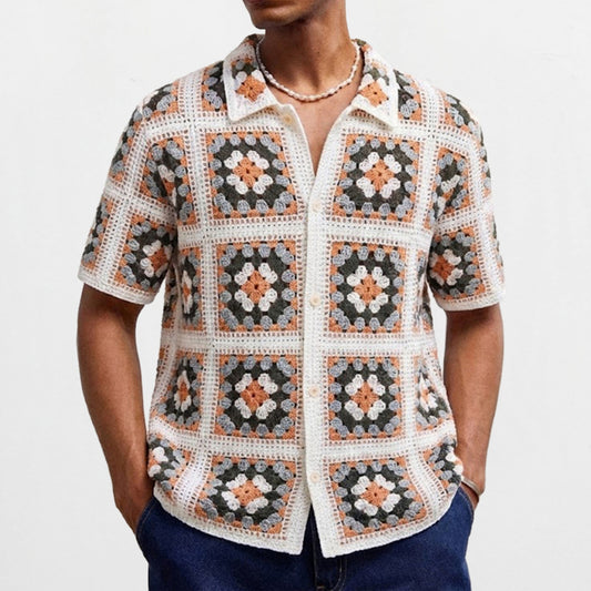 Blusa Tejida de Manga Corta con Bloques de Color y Cuello Solapa Calado
