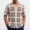 Blusa Tejida de Manga Corta con Bloques de Color y Cuello Solapa Calado