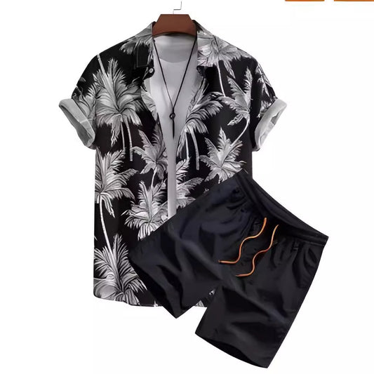 Conjunto de Camisa Hawaiana Hombre a Rayas Blanco y Negro - Image 2